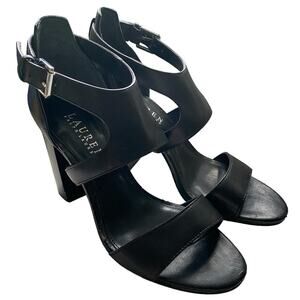 Women's RALPH LAUREN Size 6 Black Leather Tahira Stacked Blocked Heels Sandals
